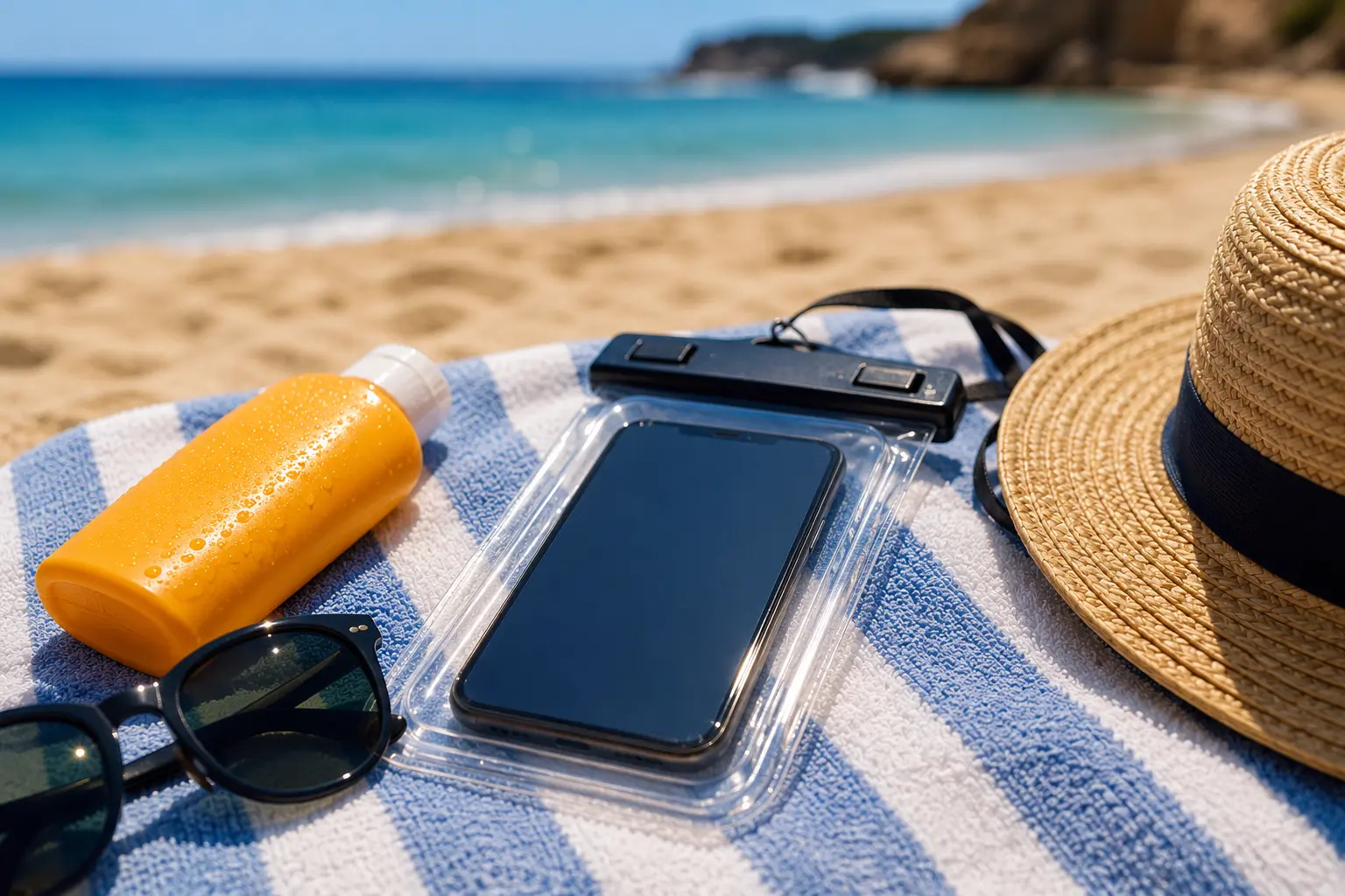 Mobilfotózás nyaraláson telefonnal és strandkiegészítőkkel
