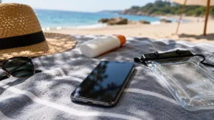 Telefon a strandon vízálló tokkal, naptejjel és napszemüveggel