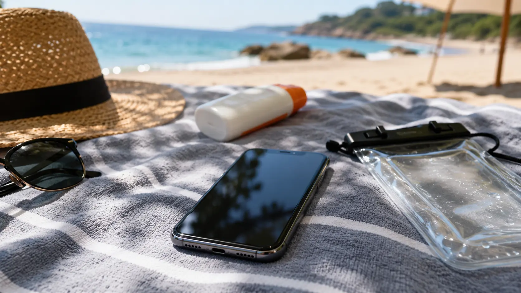 Telefon a strandon vízálló tokkal, naptejjel és napszemüveggel
