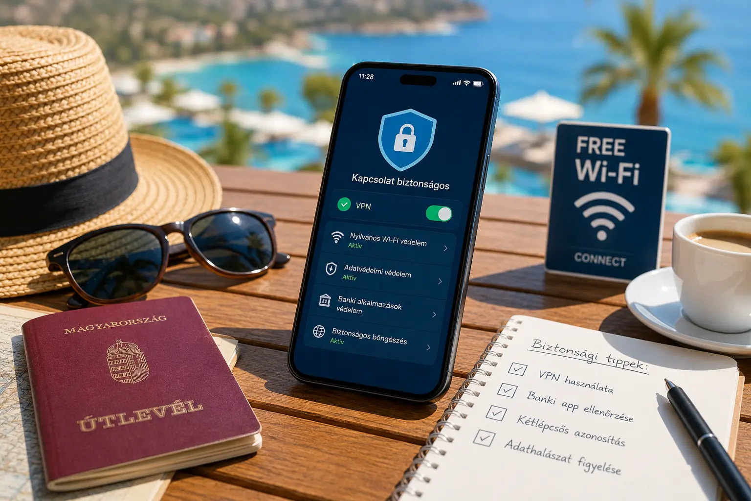 Telefonos adatbiztonság nyaraláskor nyilvános Wi-Fi és VPN használatával