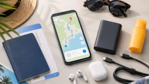 Telefonos előkészületek nyaralás előtt power bankkal és térképpel