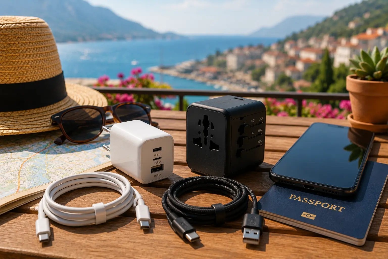 Töltő nyaraláshoz USB-C kábellel, utazóadapterrel és telefonnal