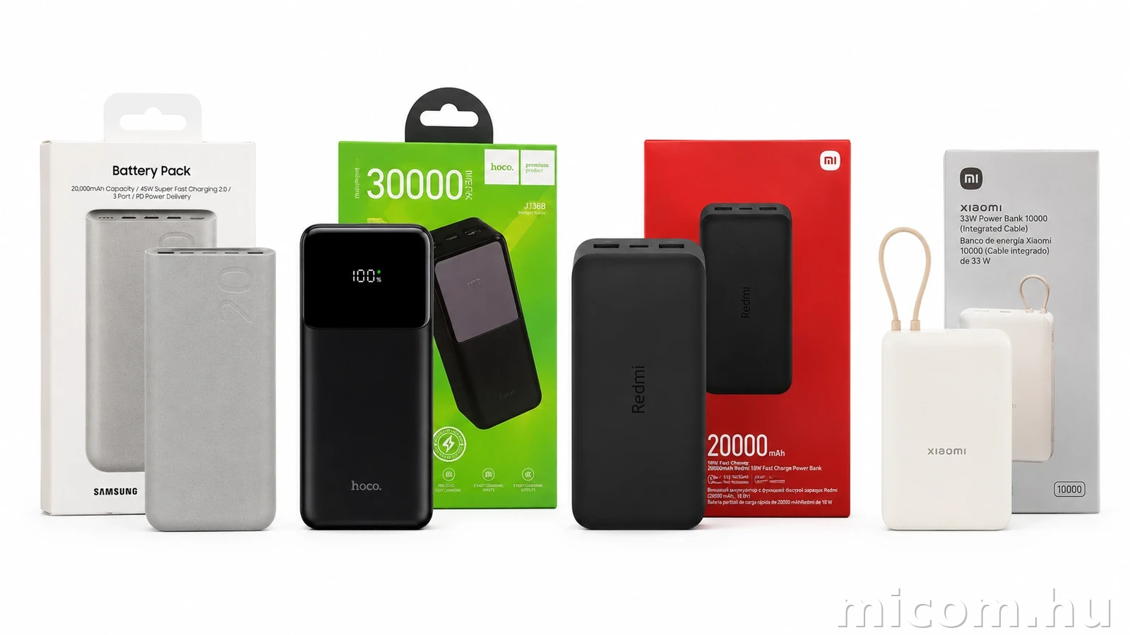 Négy különböző power bank egymás mellett