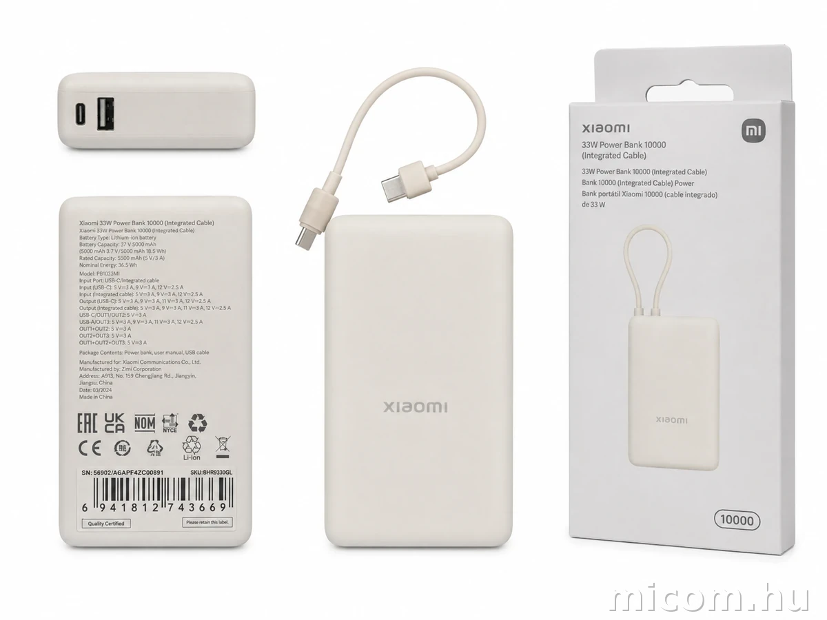 Xiaomi 33W power bank USB-C és USB-A csatlakozókkal